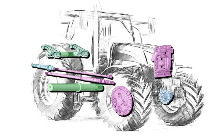 Příklady použití mechanických komponent na zemědělské technice. Převodovky, hřídele, náboje kol či nápravy s přírubou na traktoru, jejichž kontrola probíhá na přístroji VICIVISION M2018 Techno.